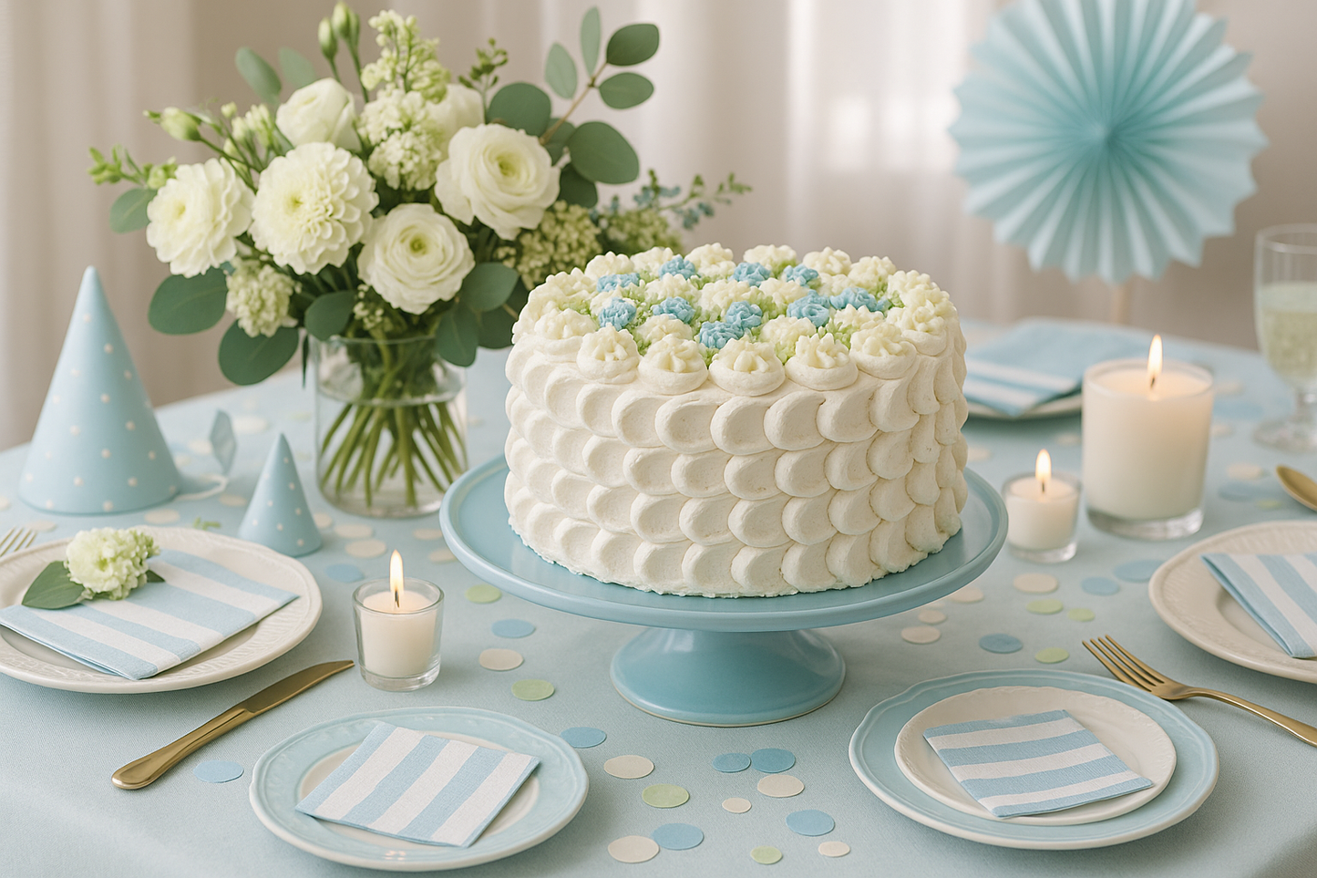 Tablescape with your exact cake on soft blue ceramic stand