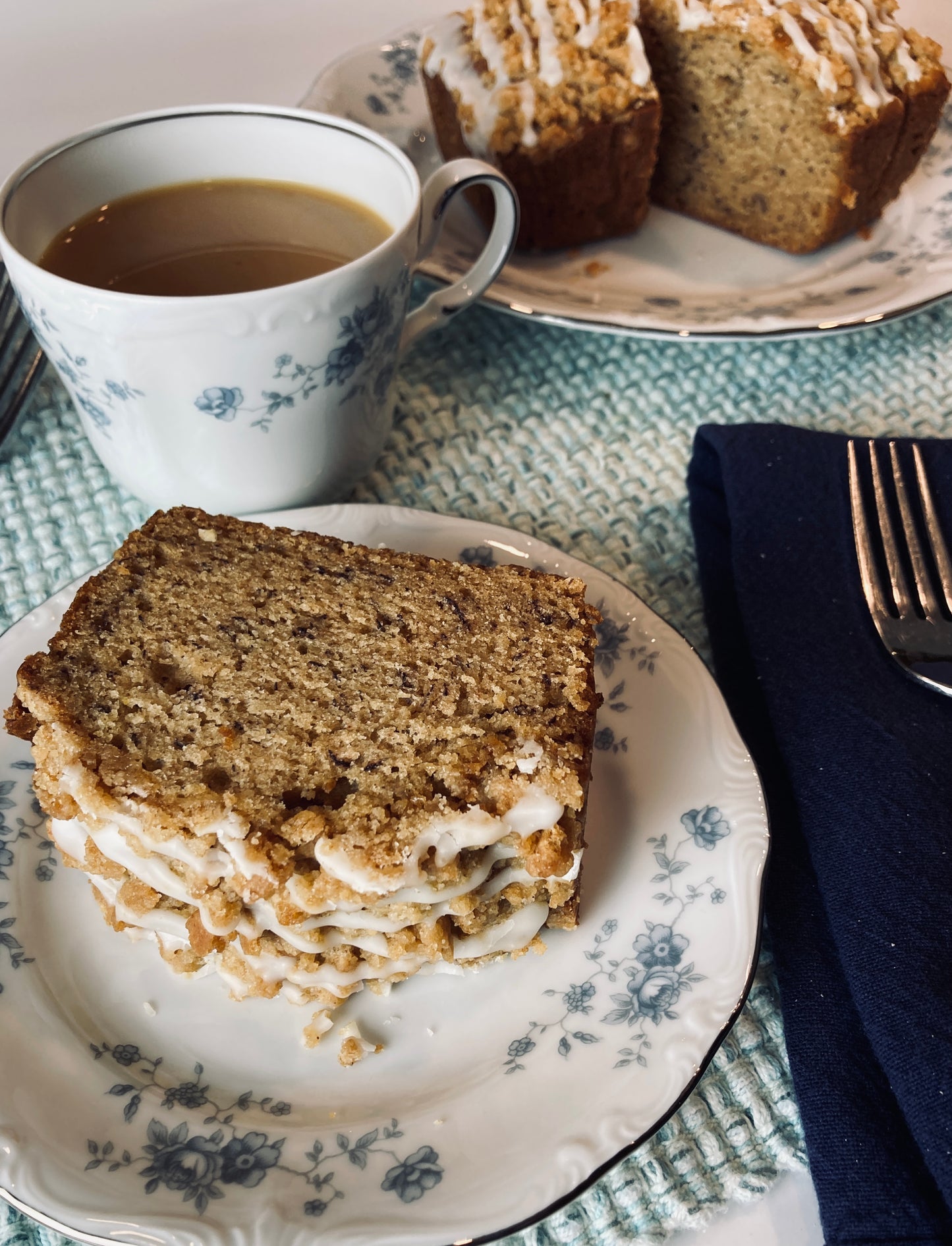A Slice of Banana Bread with Graham Cracker Streusel & Vanilla Glaze
