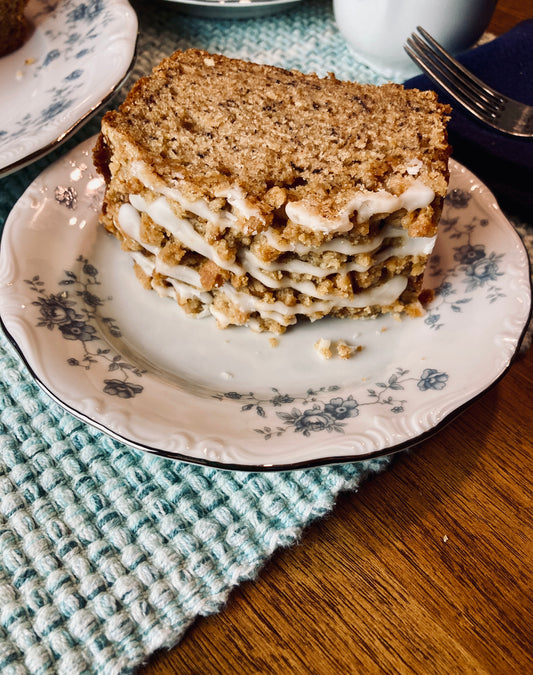 A Slice of Banana Bread with Graham Cracker Streusel & Vanilla Glaze