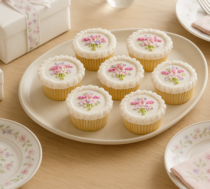 Pottery Barn-style party table scape with floral cupcakes and matching china