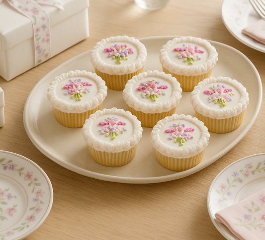 Pottery Barn-style party table scape with floral cupcakes and matching china